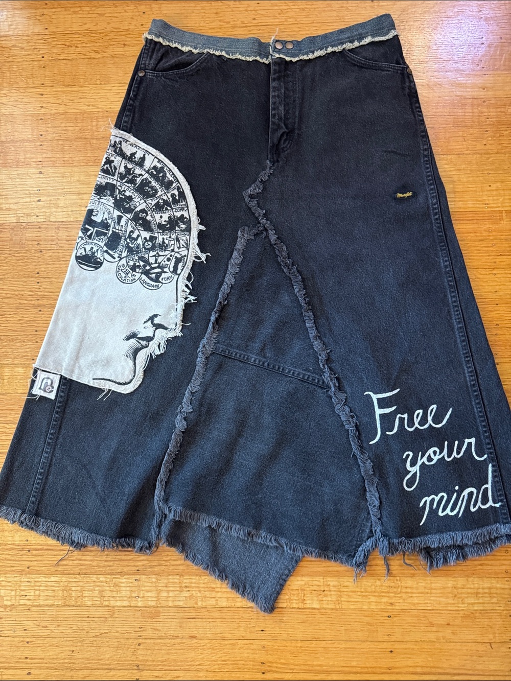 Relove Vintage Wrangler Black Denim Asymmetrical Midi Skirt with Graphic Patch